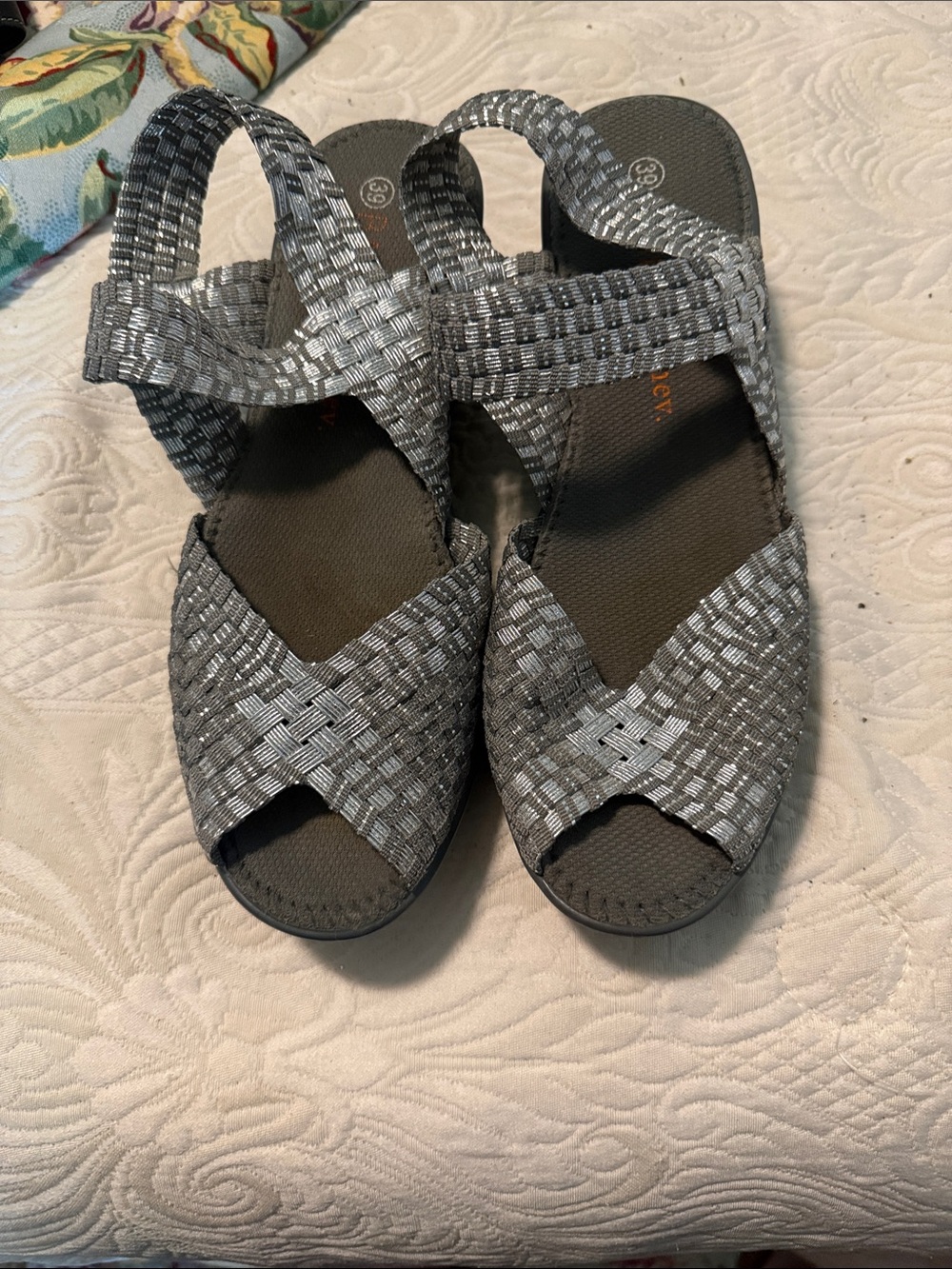 bernie mev. Silver Woven Slingback Sandals
